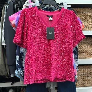Hot Pink Lined Sequined V neck Top Brand is Joh Apparel size xs